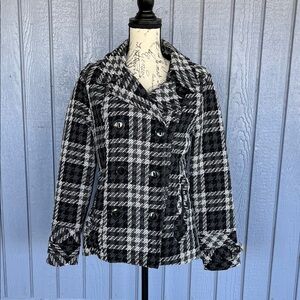 NYC Black and White Checkered Pea Coat Medium